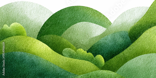 Watercolor mountain landscape with green fields and rolling hills under spring sky. Vibrant meadow scenery perfect for nature posters and seasonal backgrounds.