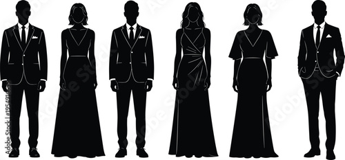 Elegant people silhouettes in formal attire, men suits women evening dresses, fashion collection, luxury style illustration, isolated black vector design