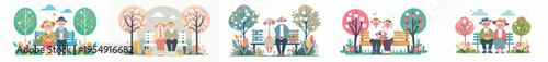 Vector of a old couple sitting on a park bench after picking flowers in spring