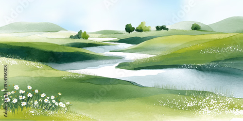 Rolling hills with blooming meadows and winding river create serene spring landscape. Mountains rise beyond green grass under soft clouds in this watercolor nature illustration.