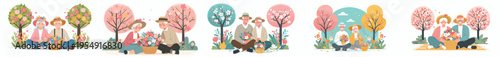 Vector of a old couple sitting on floor after picking flowers in spring