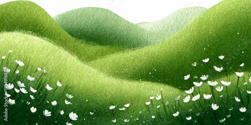 Watercolor landscape with blooming flowers across rolling hills and meadows under spring sky, perfect for nature-inspired designs and seasonal greeting cards.