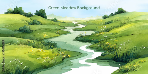 Peaceful field illustration with wildflowers dotting grassy hills beneath mountain peaks. Watercolor nature scene captures spring meadows, winding river, and soft sky backdrop.