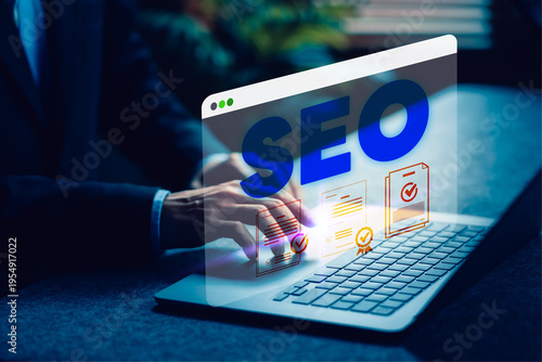 SEO techniques for business success digital workspace infographic professional atmosphere close-up view strategy insights