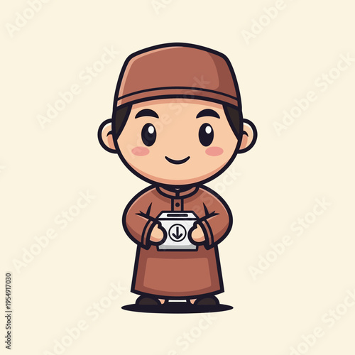 Cute Muslim Boy Character Holding Zakat Box for Charity.