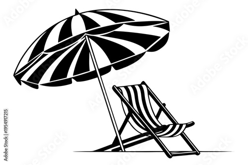 Beach Chair and Parasol Umbrella Silhouette Vector Icon Summer Vacation Isolated on White