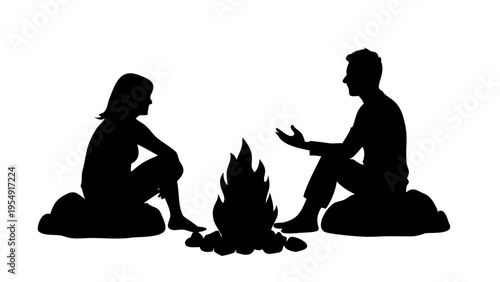 Couple Sitting by Campfire Silhouette Vector Icon Romantic Bonfire Isolated on White