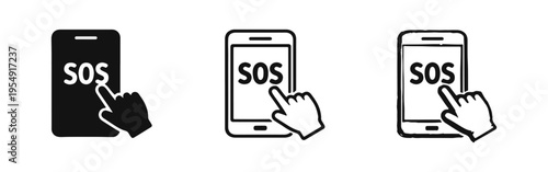 SOS Mobile Phone Icon Set with Hand Touch - Emergency Smartphone Alert and Interaction