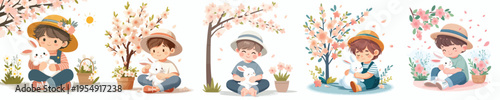 vector of a little boy sitting hugging a rabbit in the garden during spring