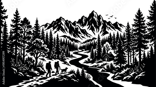 Hikers with dog walking near river cabin and mountains