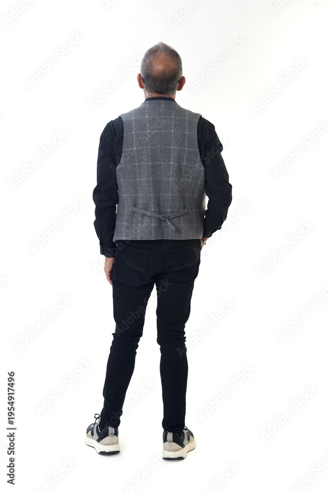 Fototapeta premium back view of a modern retired man standing on white background