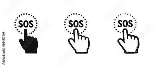 SOS Click Button Icon Set with Hand Pointer - Urgent Action Concept for Emergency