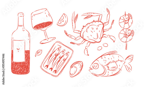 Mediterranean seafood doodle set with fish, crab, shrimp, and wine. Hand drawn crayon sketch collection perfect for menu design, restaurant branding, and summer food concepts.
