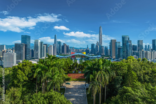 Photos Shenzhen Futian CBD skyline and civic center axis with modern skyscrapers, lush