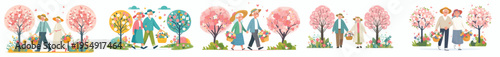 vector of a old couple walking together after picking flowers in spring