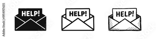 "HELP!" Letter in Open Envelope Icon Set - Urgent Message and Support Mail