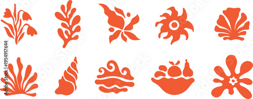 Collection of eight distinctive orange floral patterns and shapes