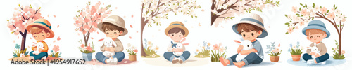 vector of a little boy sitting hugging a rabbit in the garden during spring