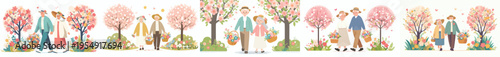 vector of a old couple walking together after picking flowers in spring