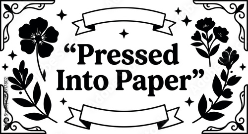 Pressed into paper black and white floral frame with decorative stars and ribbons