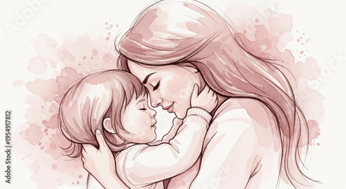 Tender moment of a mother kissing and hugging her baby love and care warm pink background soft illustration