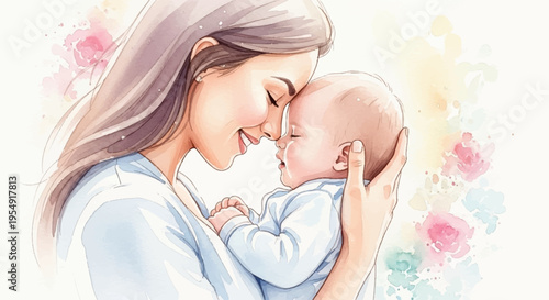 Tender mother kissing newborn baby loving family moment with soft watercolor background flowers
