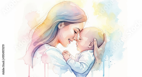 Tender mother holding baby close pastel colors soft focus loving embrace heartwarming moment family bonding affectionate intimate scene warm lighting gentle hues emotional