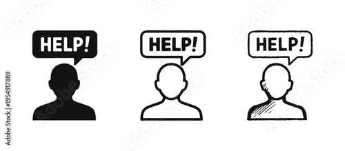 Human avatar with "HELP!" message speech bubble icon set