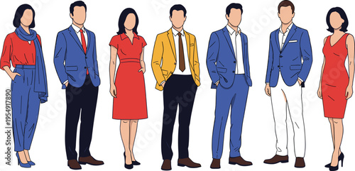 business people group, modern office fashion, professional men women, corporate team illustration, diverse employees standing, stylish outfits vector, workplace concept