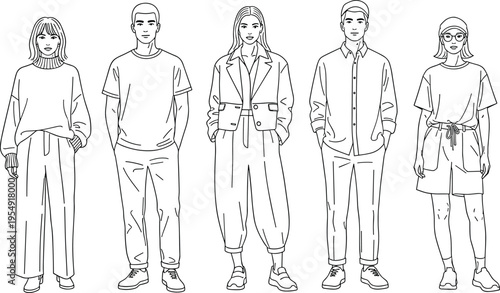 Line art fashion people set, young men and women in casual outfits, outline illustration, modern clothing style, vector characters isolated