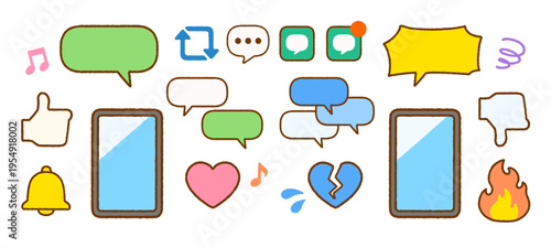 スマホとSNSのアイコン素材セット｜ネット・トラブル