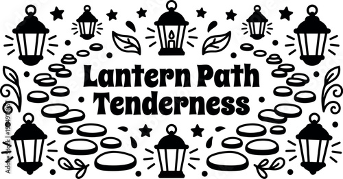 Black and white lantern path tenderness phrase with stones and stars vector art