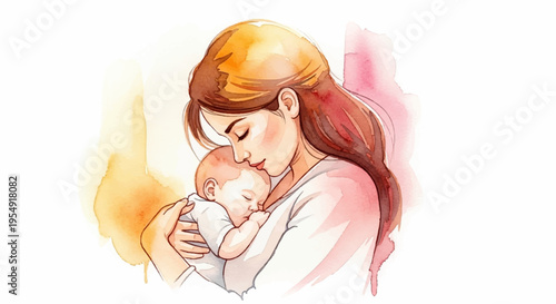 Tender mother holding newborn baby close warm loving embrace soft colors