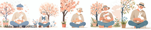 vector of a grandfather sitting hugging a rabbit in the garden during spring