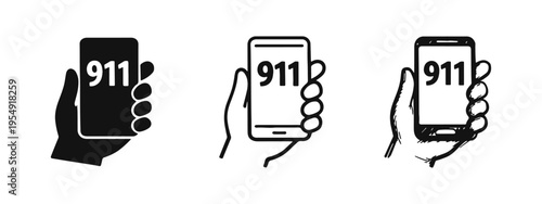 Hand Holding 911 Emergency Call Smartphone Icons Set for Urgent Mobile Help