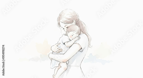 Tender moment of a woman holding a baby close in a warm loving embrace with soft lighting
