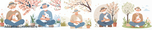 vector of a grandfather sitting hugging a rabbit in the garden during spring
