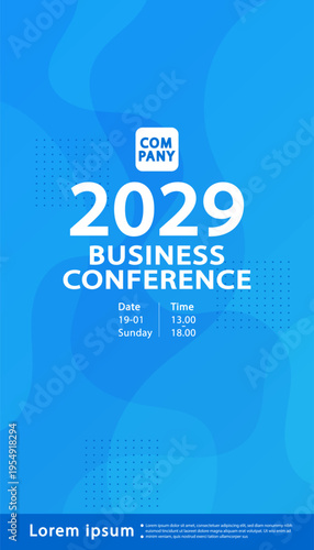 Business conference flyer template with blue abstract wave background for corporate event