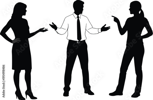 business, people, arguing, silhouette, conflict, discussion, disagreement, office, communication, teamwork, debate, stress, conversation, gesture, isolated, black, white, concept, interaction, problem