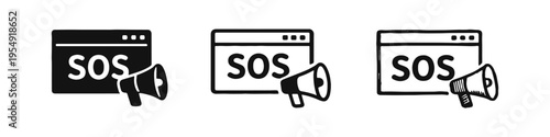 SOS Emergency Browser Megaphone Icons Set for Online Alerts and Crisis Communication