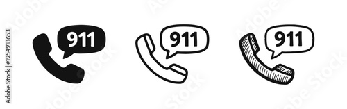 911 Emergency Call Icon Set. Urgent Assistance and Help Line Symbol in Multiple Styles.