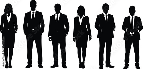business, people, silhouette, team, corporate, professionals, group, standing, office, leadership, workforce, formal, suit, isolated, black, white, concept, success, company, unity