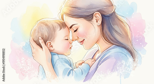 Tender moment of a mother gently kissing her baby on the cheek with love and care in a soft pastel background