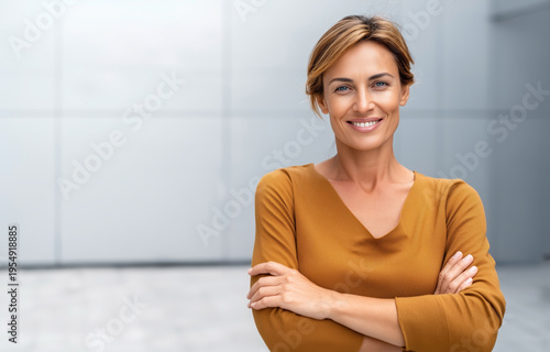 Confident smiling woman with arms crossed standing in minimal office space representing leadership professionalism and modern lifestyle Free Download Confident smiling woman with arms crossed standing in minimal office space representing leadership professionalism and modern lifestyle - GFXLoad