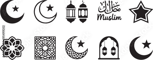 Black islamic ramadan symbols and icons set including lanterns crescent moon star muslim text and arabic calligraphy