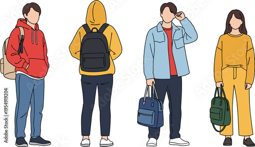 casual students with backpacks and bags, modern youth fashion, standing characters, school lifestyle concept, colorful vector illustration, isolated background design