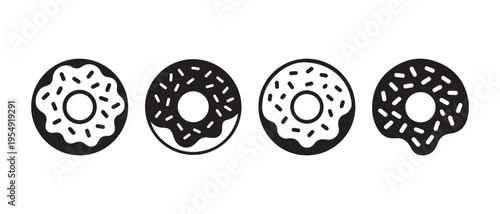 Minimalist Black and White Donut Icons with Sprinkles, Featuring Assorted Styles and Glaze Effects.