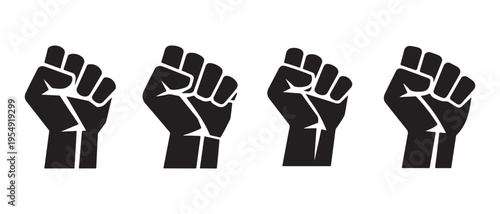 Black Raised Fists Symbolizing Power, Unity, and Protest on a Clean White Background Graphic Icon.