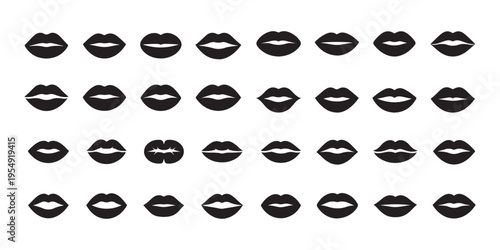 Black and White Lip Icons Pattern on Clean Background with Various Expressions for Beauty and Design Concepts.