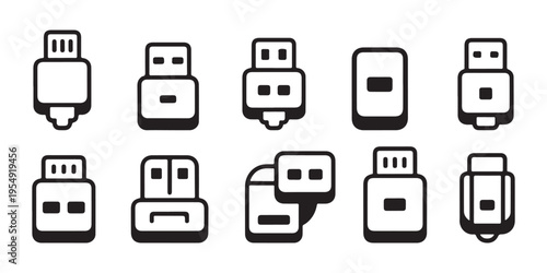 Minimalist Black and White USB Connector and Flash Drive Icons Set, Illustrating Data Transfer, Storage, and Technology.